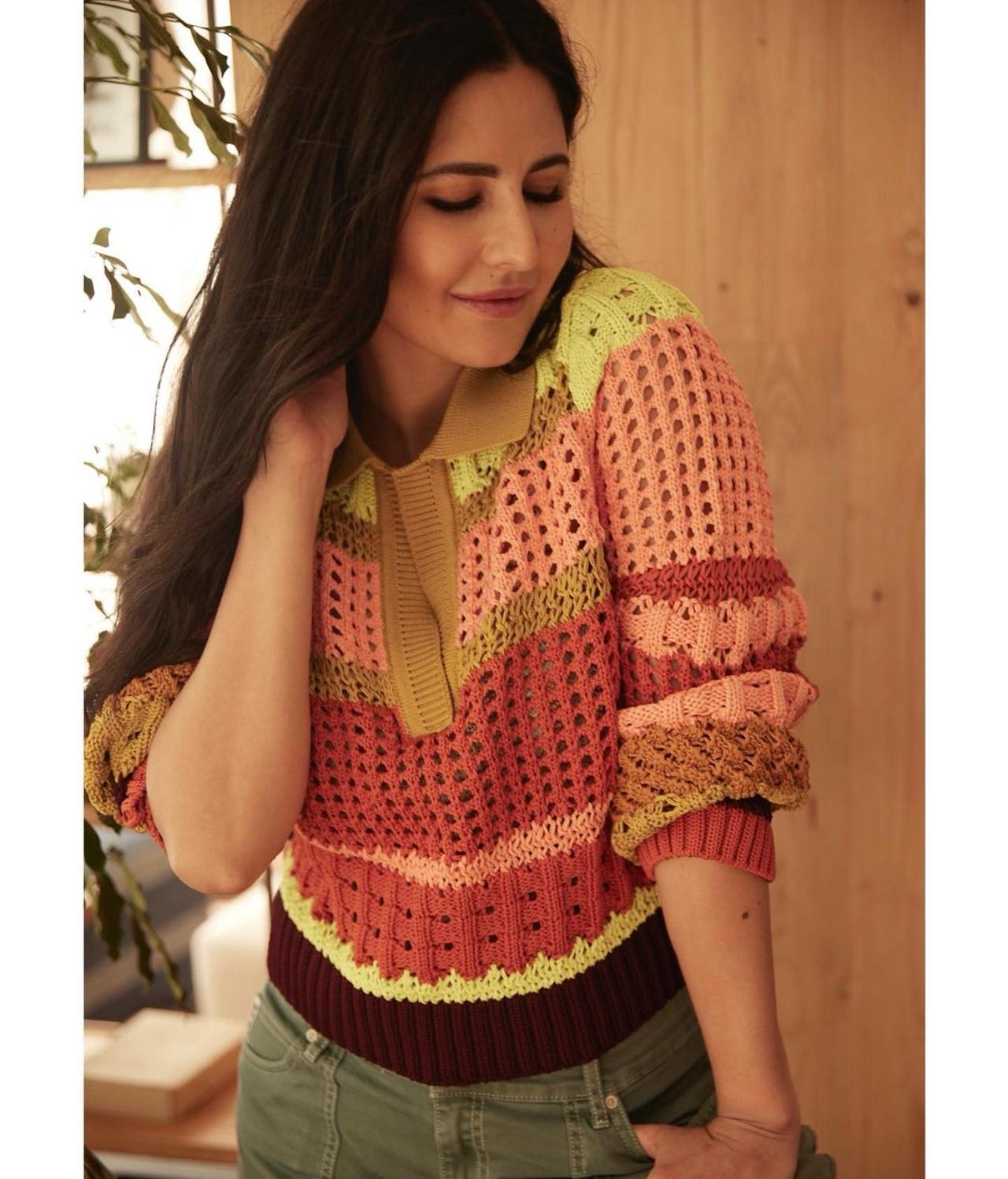 Winter Is Coming!: In early September, the “Sooryavanshi” star had shared a picture of herself on Instagram with a caption that read, “Morning”, along with a teacup and flower emoji. In the post, she can be seen flaunting a multi-coloured crochet sweater which she paired up with olive green denim. The ribbed-vibrant sweater which had a dash of neon colours also had a cute collar. Girls, get yourself a colourful crochet sweater just like Kat, so that y’all can slay on chilly days.